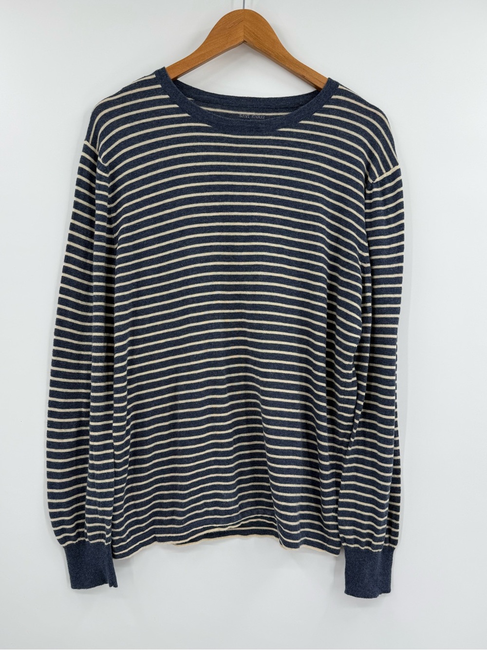 Save Khaki Striped Wool Blend Long Sleeve Crewneck Top | Navy/Oatmeal | Large